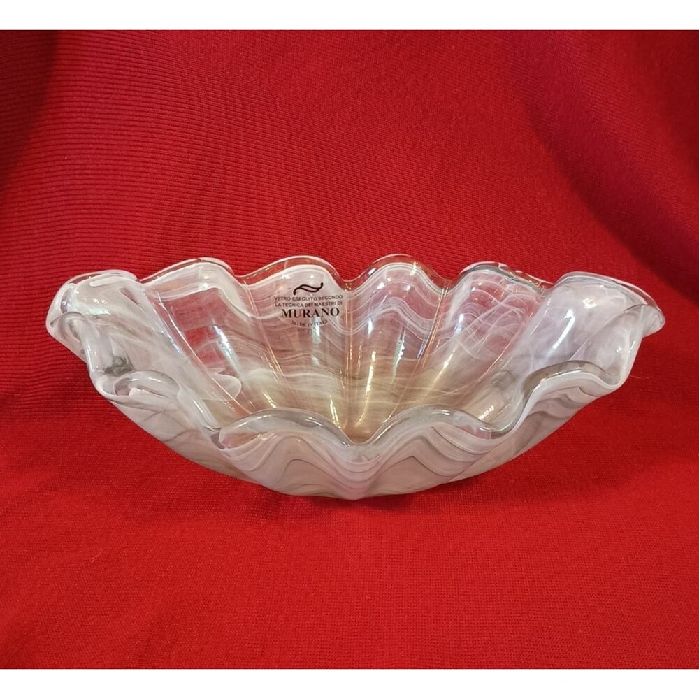 Murano Art Glass Bowl Clam Shell Italy Handblown Handkerchief Edge 10.5" Gray